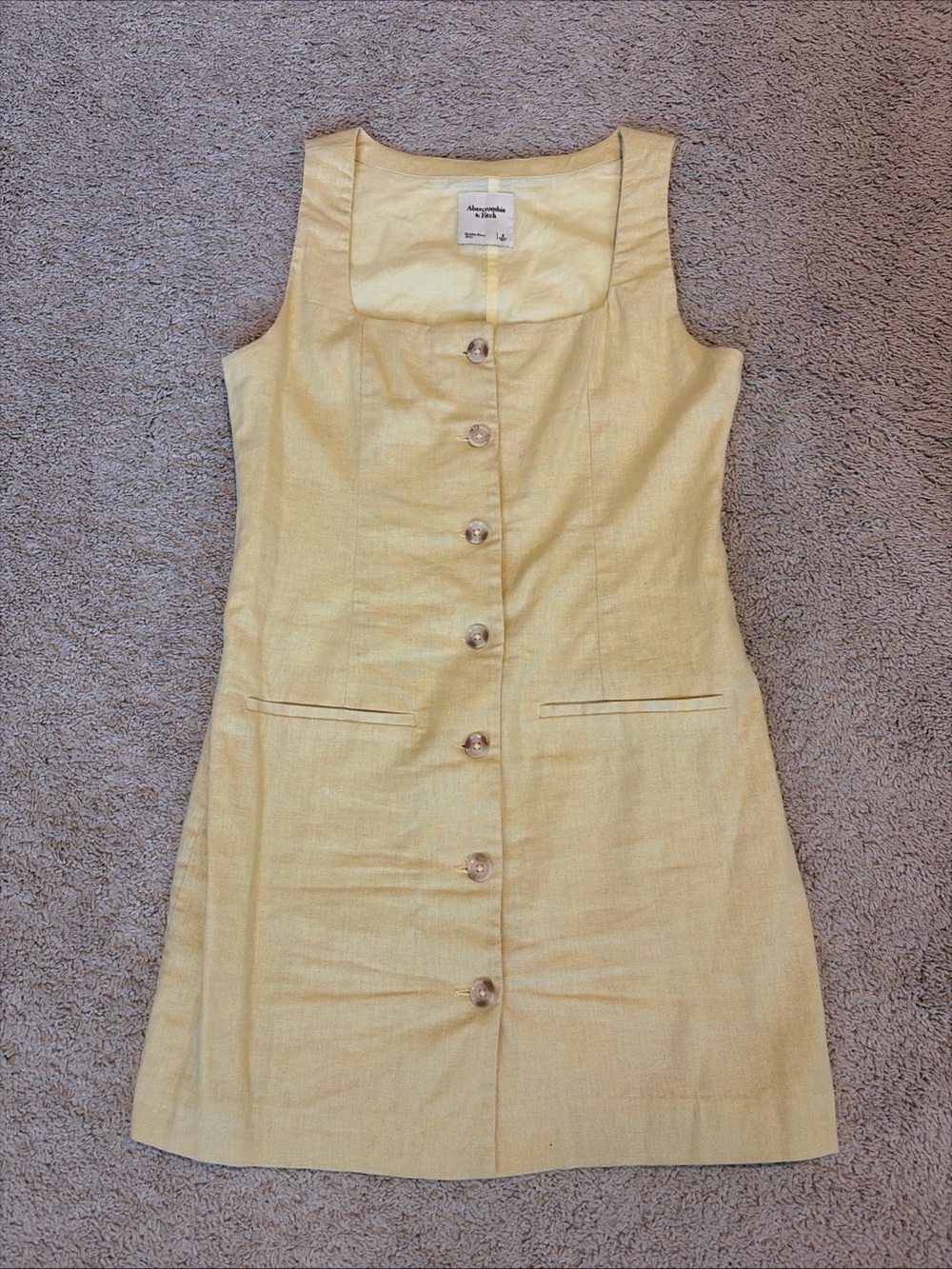 Abercrombie Butter Yellow Linen Blend Mini Dress Square Neck Button Size Small